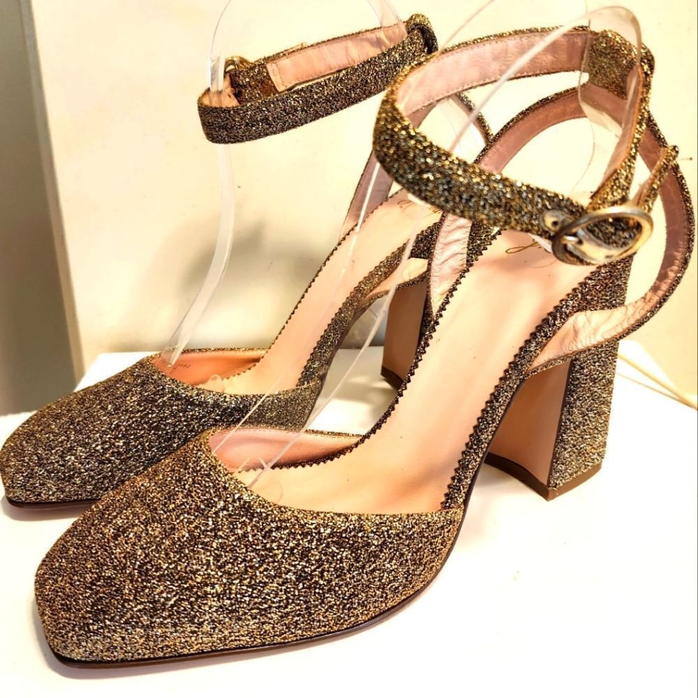 NWT J.Crew "Harlow" Gold Lurex Over Leather Ankle Strap Pumps Sz.8.5 $248